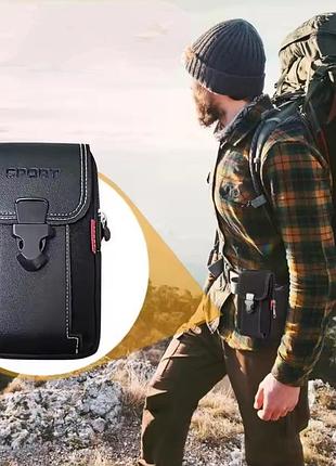 Мужская поясная сумка с карабином 2 кармана 18 на 10 см черный