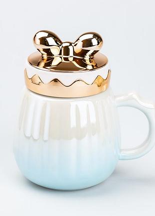 Чашка керамічна з кришкою бант 500 мл для чаю та кави збереження тепла екологічна блакитна ve-33