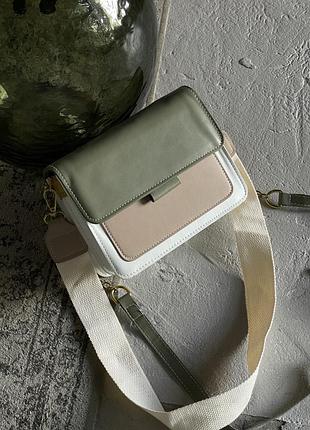 Сумка женская в стиле кросс боди на широком ремне "мілана" бело-хаки