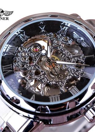 Механические мужские наручные часы winner skeleton серебро с черным