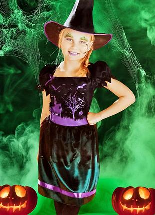 Платье детское ведьма со шляпой на хеллоуин размер s 4-6 лет зелено-фиолетовое