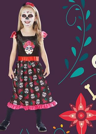 Детское платье с черепами и обручем на хеллоуин размер 6-8 лет черный
