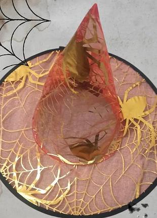Шапка хэллоуин с пауками и паутиной one size красно-золотистый