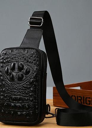 Чоловіча сумка барсетка на груди шкіряна якісна бананка на блискавці з натуральної шкіри рептилия