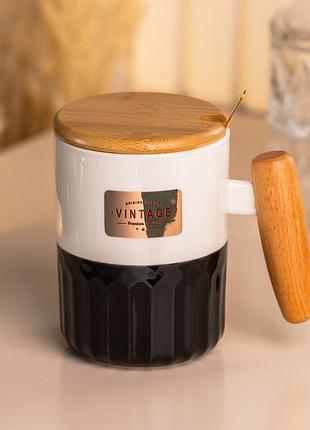 Чашка керамическая с бамбуковой крышкой 400 мл для горячих и холодных напитков. dm-11