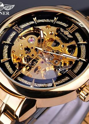Мужские наручные механические часы winner skeleton с открытым механизмом