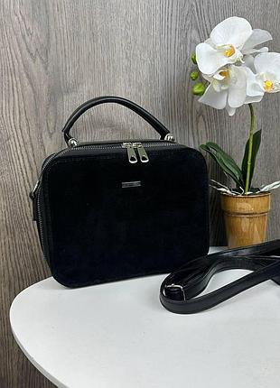 Замшева жіноча каркасна міні сумка, маленька сумочка з натуральної замші чорна