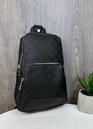 Мужская сумка бананка на грудь стиль луи витон в клетку черная