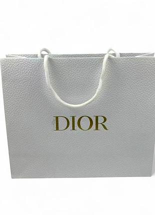 Пакет dior паперовий фірмовий 27х10х23 см, білий, фактурний щільний папір з білими мотузковими ручками, стильний пакет dior для