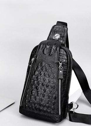 Кожаная мужская сумка бананка рептилия, кроссбоди слинг на грудь из натуральной кожи