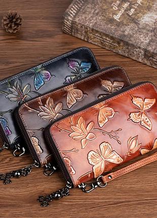 Женский кожаный кошелек с бабочками из натуральной кожи, портмоне женское с тиснением бабочки