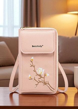 Женская мини сумочка клатч с цветами вышивка для телефона, маленькая сумка кошелек на плечо с цветочками пудровый