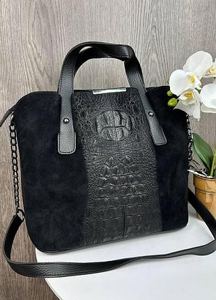 Замшева сумка рептилія на плече, якісна сумка з ручками в стилі рептилії натуральна замша