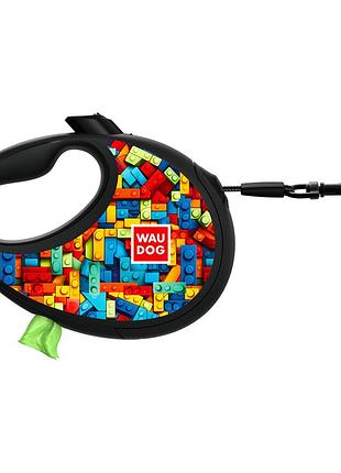 Поводок-рулетка для собак waudog r-leash с контейнером для пакетов, рисунок "блоки", светоотражающая лента, m,