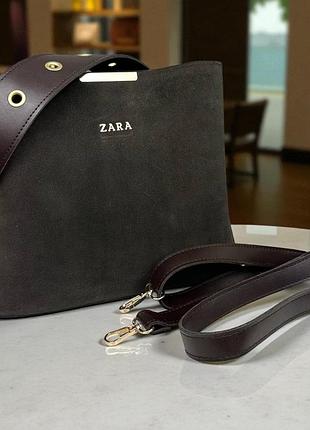 Женская замшевая сумка стиль zara, сумочка зара черная натуральная замша коричневый