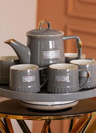 Чайный сервиз на 6 персон керамический набор для чаепития с чайником и подносом серый dm-11