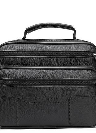 Мужская кожаная сумка-барсетка 25×19×6.5, мессенджер с ручкой и ремнем через плечо bx-10041 черный