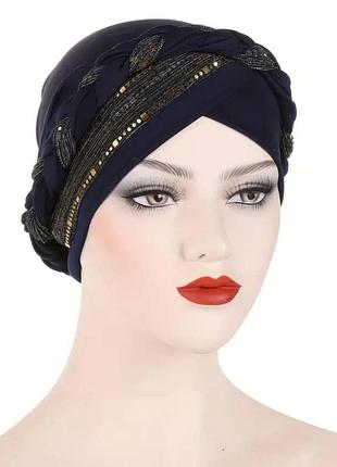 Тюрбан платок шапка чалма с принтом (головные уборы после химиотерапии) темно синій