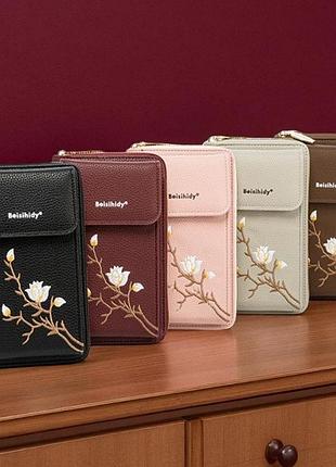 Жіноча міні клатч сумочка з квітами вишивка для телефону, маленька сумка гаманець на плече з квіточками