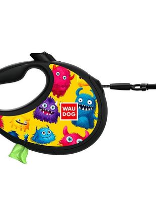 Поводок-рулетка для собак waudog r-leash с контейнером для пакетов, рисунок "мохнатые монстры",