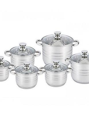 Набор кастрюль unique un-5035 из нержавеющей стали с толстым дном в 5 слоев с крышками стеклянными 6 предметов