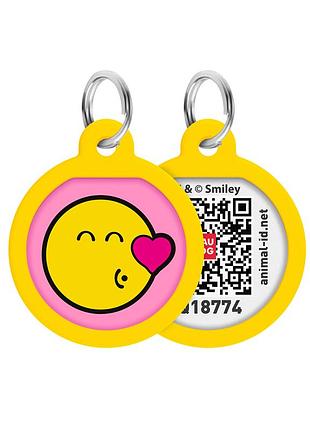 Адресник для собак и котов металлический waudog smart id c qr паспортом, рисунок "смайлы на розовом", круг, д 25 мм