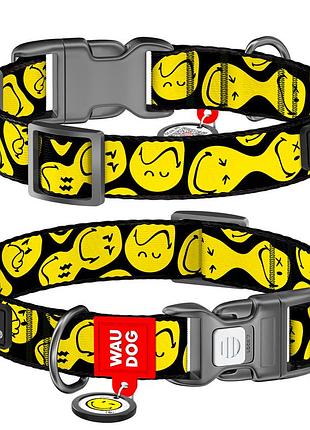 Ошейник для собак нейлоновый waudog nylon c qr-паспортом, рисунок "смайлы на черном", пластиковый фастекс, xl, ш 25 мм, дл 37-58