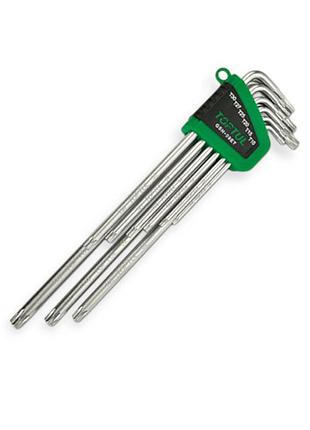 Набір ключів шестипроменевих г-подібних torx т10-т50, 9 шт супердовгі з отвором сталь s2 toptul