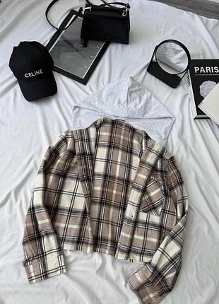 Рубашка в клетку с капюшоном кашемир коричневый