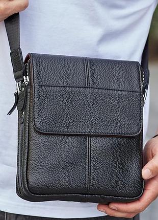 Чоловіча сумка шкіряна планшет 21х24х6, барсетка на одне плече tiding bag m1254a чорна