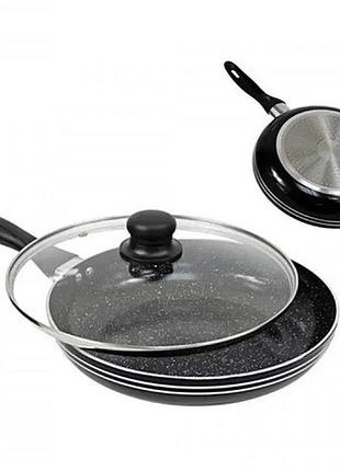 Сковорода з кришкою 24 см чорний мармур unique un-5164 | антипригарна сковорода мармурова сковорода