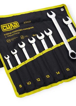 Набір ключів ріжково-накидних з тріскачкою 8-19 мм 8 шт (ткан. чохол) crv сила
