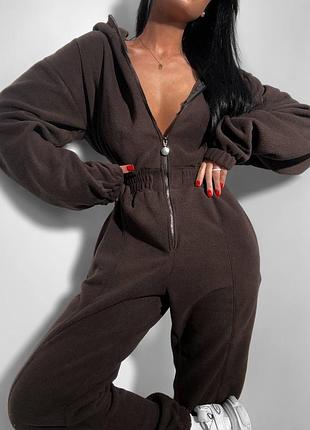 Комбинезон флисовый женский коричневый, комбез шоуолад на молнии зима