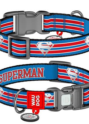 Ошейник для собак нейлоновый waudog nylon c qr паспортом, светоотражающий, рисунок "супермен ретро",
