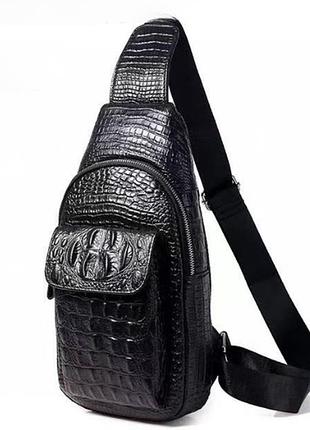Сумка-слінг із зернистої шкіри чорного кольору з кишенями на блискавці 30*14*5