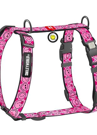 Шлея для собак анатомическая h-образная waudog nylon с qr-паспортом, рисунок "смайлы на розовом", пластиковый
