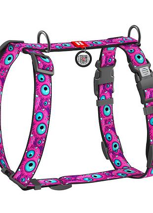 Шлея для собак анатомическая h-образная waudog nylon с qr-паспортом, рисунок "глаз монстра", пластиковый