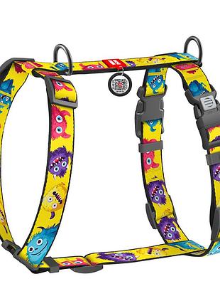 Шлея для собак анатомическая h-образная waudog nylon с qr-паспортом, рисунок "мохнатые монстры", пластиковый