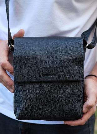 Кожаный мессенджер для мужчины 23х19х7, барсетка через одно плече, сумка для документов, черная