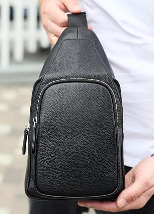 Мужская сумка-слинг из натуральной кожи 18х31х7, бананка через плечо tiding bag 34091 черная