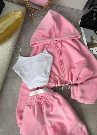 Флісовий жіночий спортивний костюм трійка укорочений зіп худі на блискавці з капюшоном штани джогери на резинках та топ на бретелях