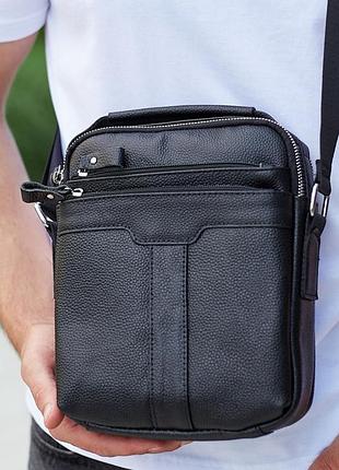 Кожаная мужская сумка-барсетка 21х25х6, мессенджер с ручкой tiding bag 73957 черная