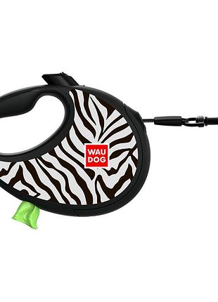 Поводок-рулетка для собак waudog r-leash с контейнером для пакетов, рисунок "зебра", светоотражающая лента, m,