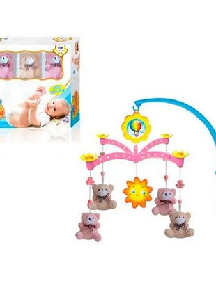 Карусель на ліжечко заводна, підвіски 5 штук (4 штуки м'які, ведмедик), xqt712