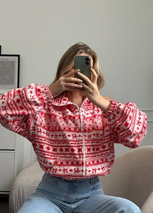 Жіноче худі тепле флісове на блискавці з кишенями принт олені червоне