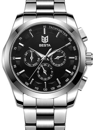 Годинник чоловічий besta walker steel механічний з автозаводом сріблястий 42 мм класичний чорний браслет dm-11