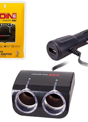 Разветвитель прикуривателя voin 2 выхода и 1usb 1000ma для автомобилей и грузовиков 12/24v с подсветкой dm-11