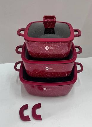 Набор квадратных кастрюль с силиконовыми крышками антипригарные для готовки и хранения пищи 3 шт красный dm-11