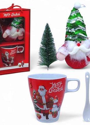 Чашка керамическая 300 мл "новогодняя" с ложкой, елкой и сантой в подарочной упаковке с подсветкой