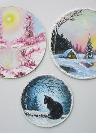 Три небольшие картины маслом/масляными красками зима